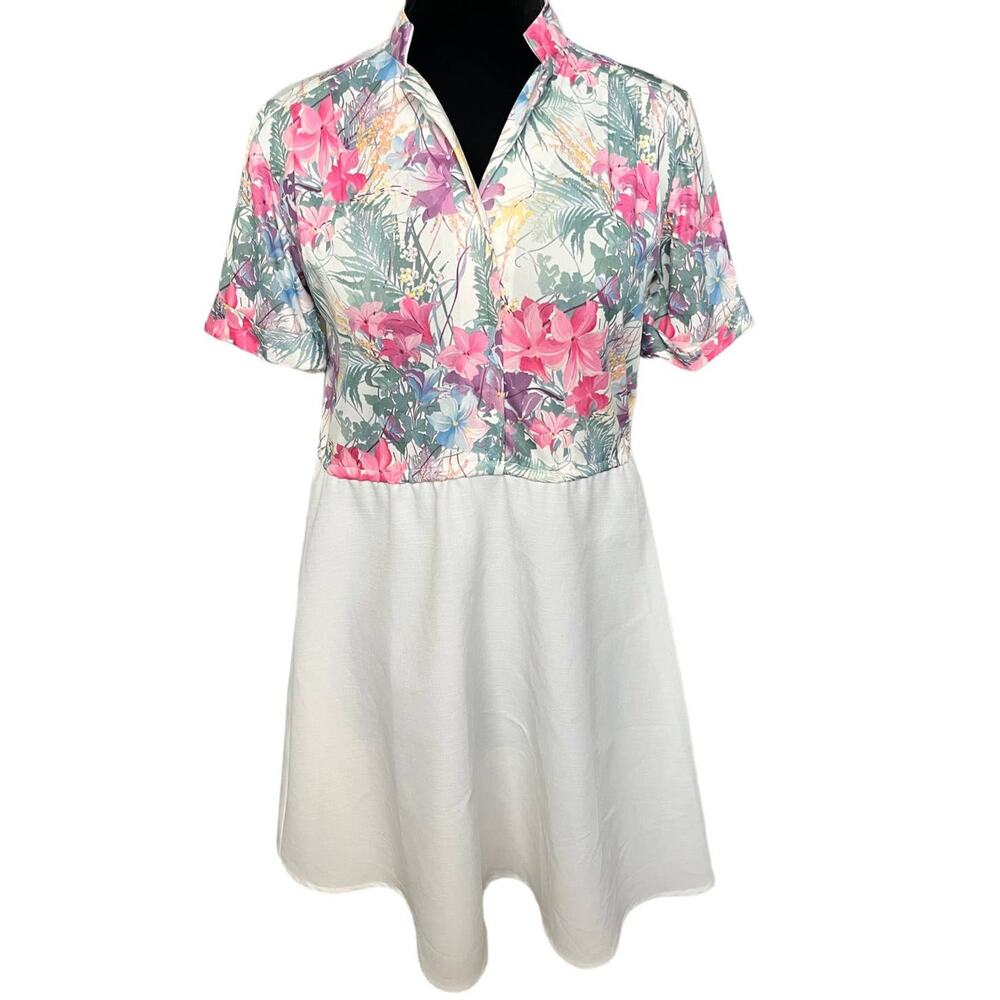 Vintage 70s White Pink Floral Lily Preppy Dress Med Large Union Made Summer Tiki